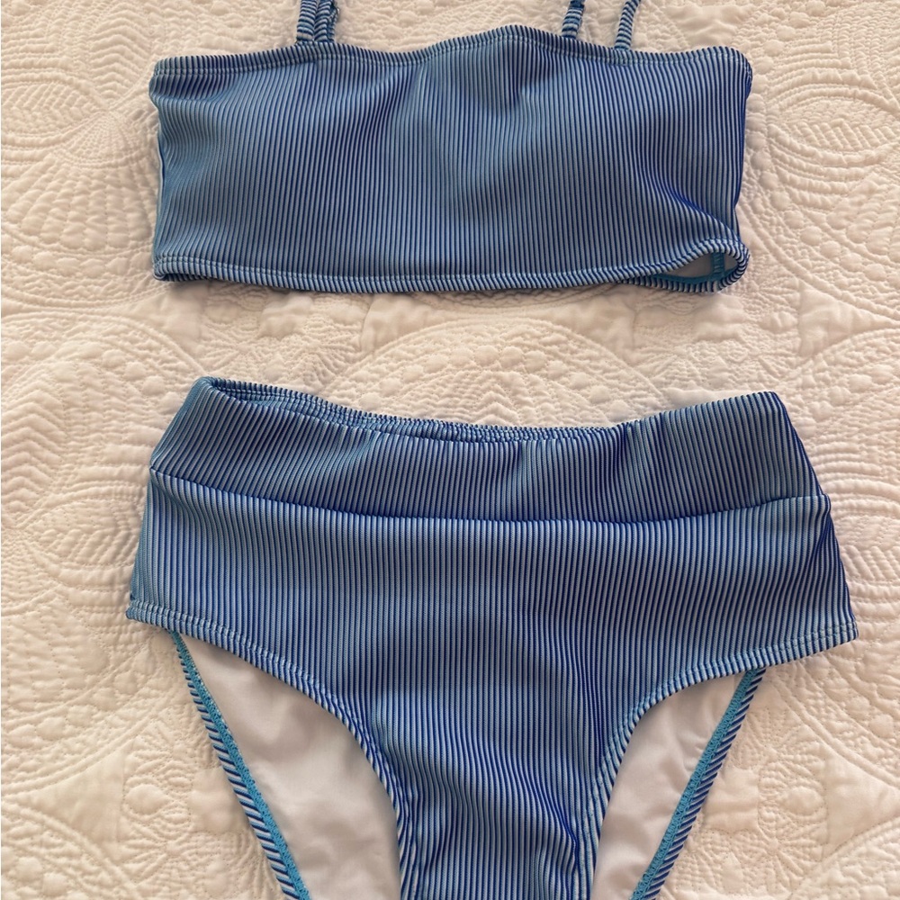 Blue Color Refracting High Waist Bikini Set